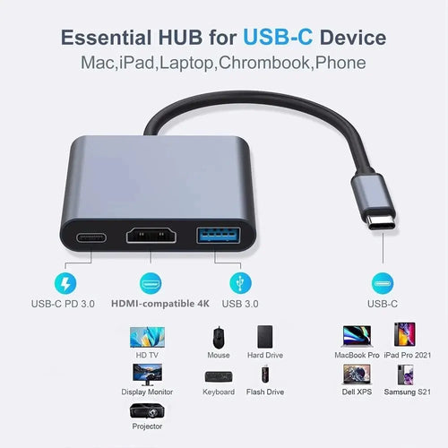Concentrador Usb tipo C 3 en 1, adaptador de carga macho a hembra, Compatible con Hdmi, 4k, Usb 3,1, tipo C a Usb 3,0, convertidor para Macbook Air 12