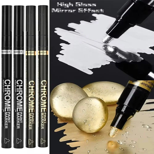 Chrome Mirror Marker, Waterproof Paint Repair for Rock, Ceramic, Glass, Metallic, Gold/Silver, 2mm Tip, 5/1 Pcs.